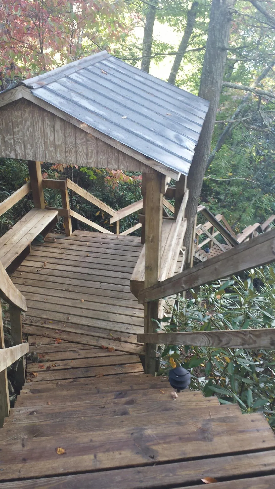 Metal roofed shelter over wooden steps on a wooded walkway — Skylight Repair & Installation work by our crew in Yalaha